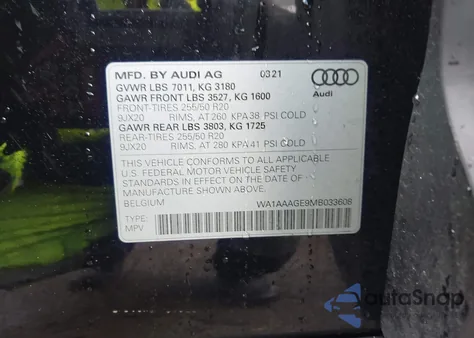 2021 Audi E-Tron Premium Quattro z USA, uszkodzony, nr VIN WA1AAAGE9MB033608